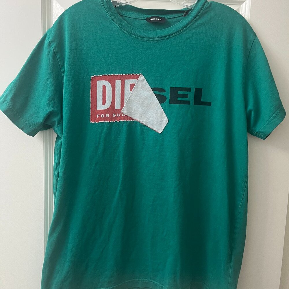 Diesel Green Logo Patchwork T-Shirt Size L Graphic Streetwear Tee